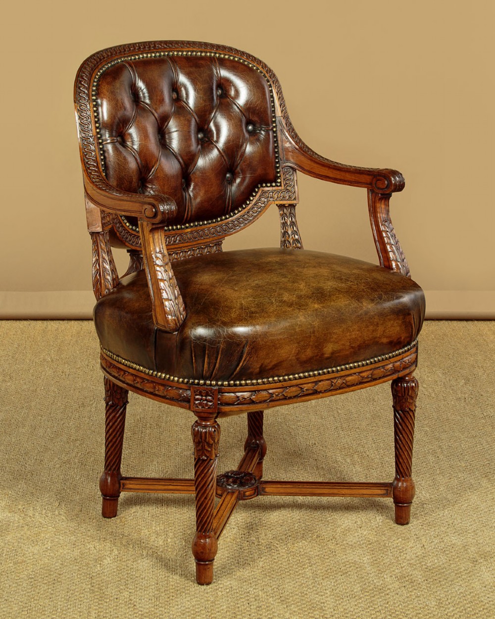 Pair of Walnut & Leather Armchairs c.1910 View III