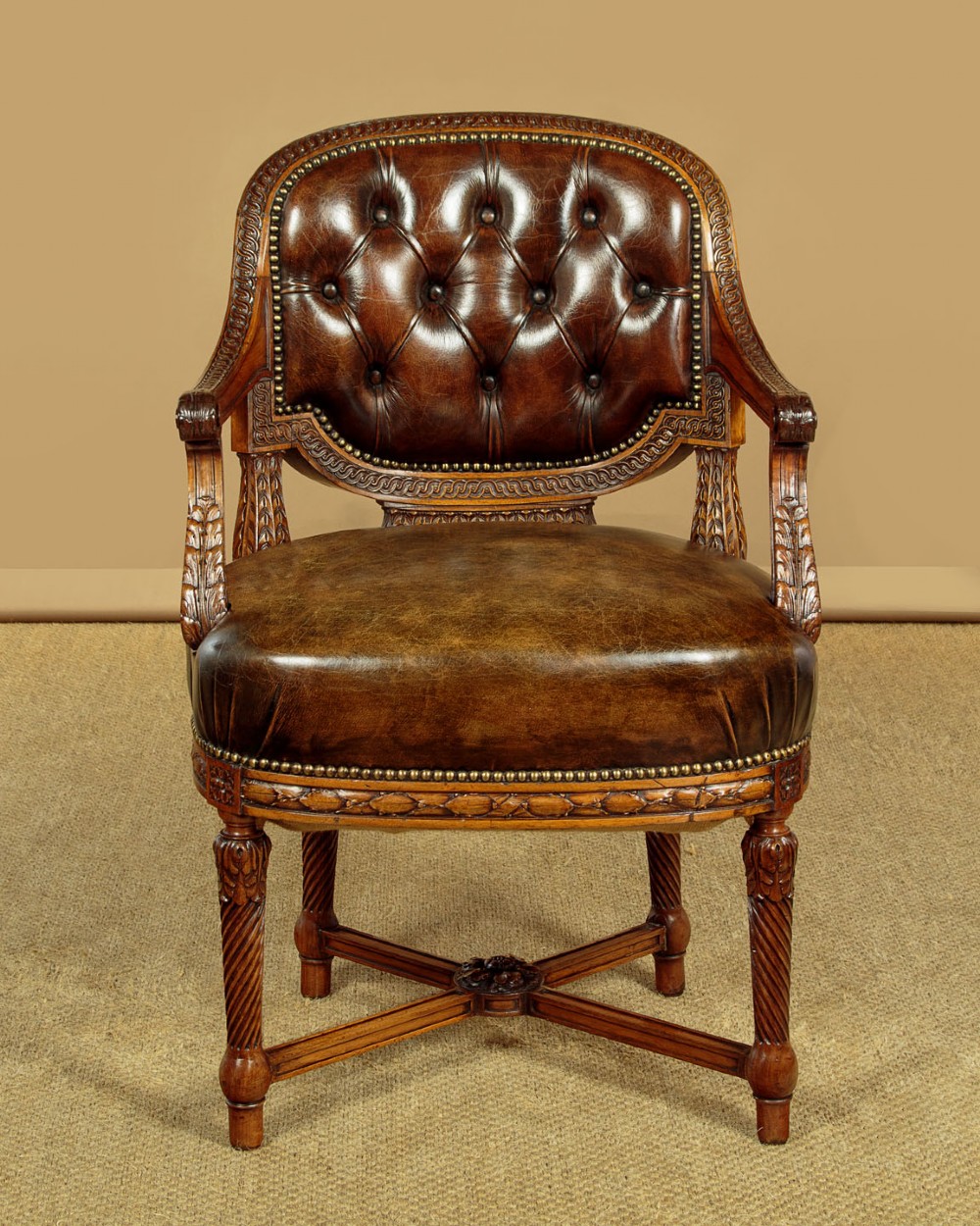 Pair of Walnut & Leather Armchairs c.1910 View IV