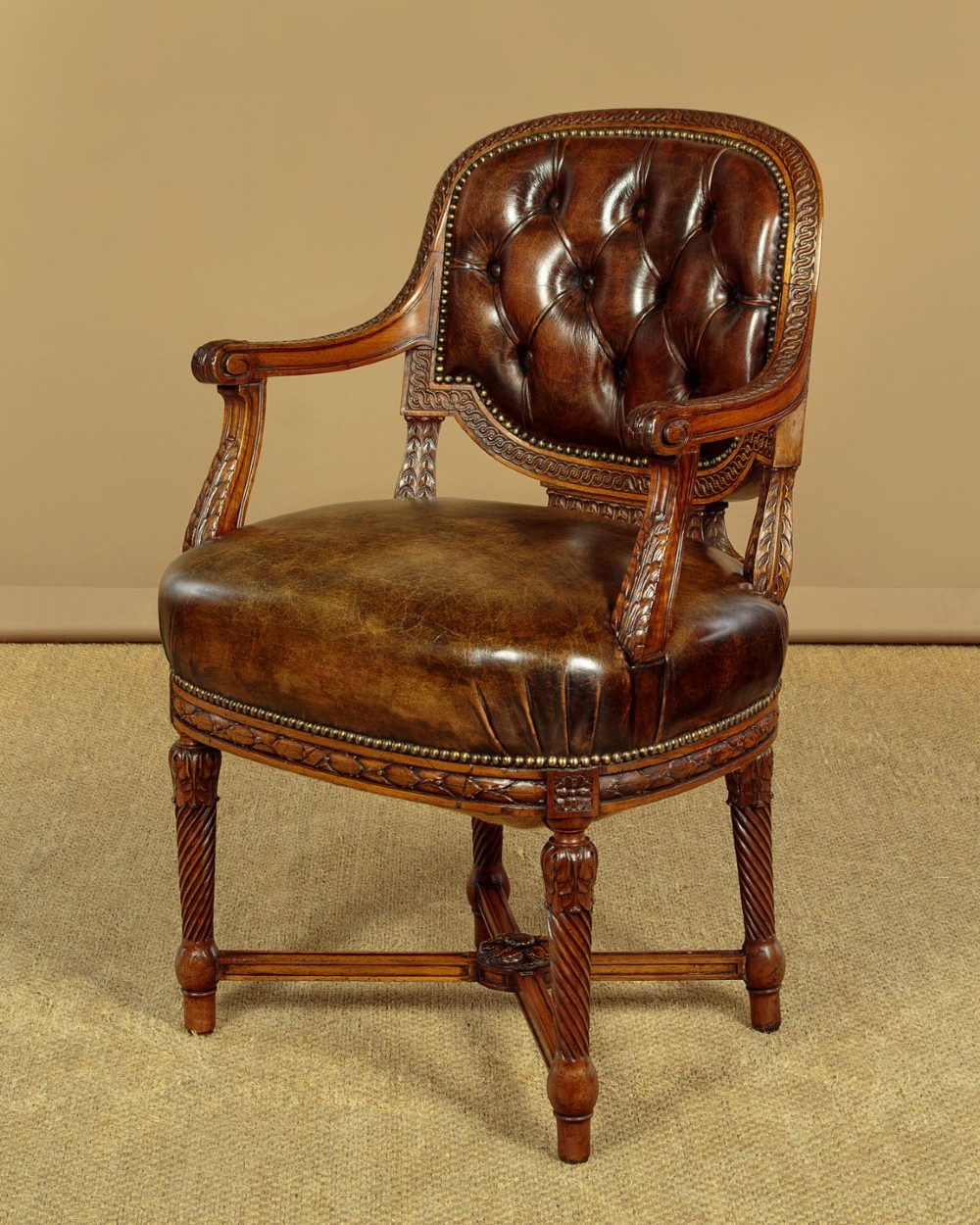 Pair of Walnut & Leather Armchairs c.1910 View V