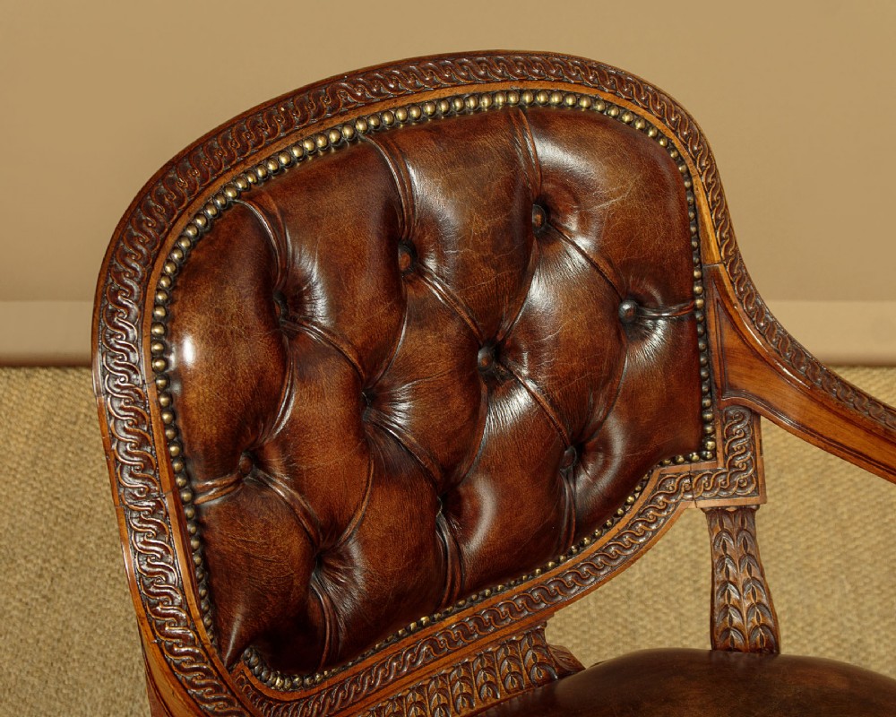 Pair of Walnut & Leather Armchairs c.1910 View VI
