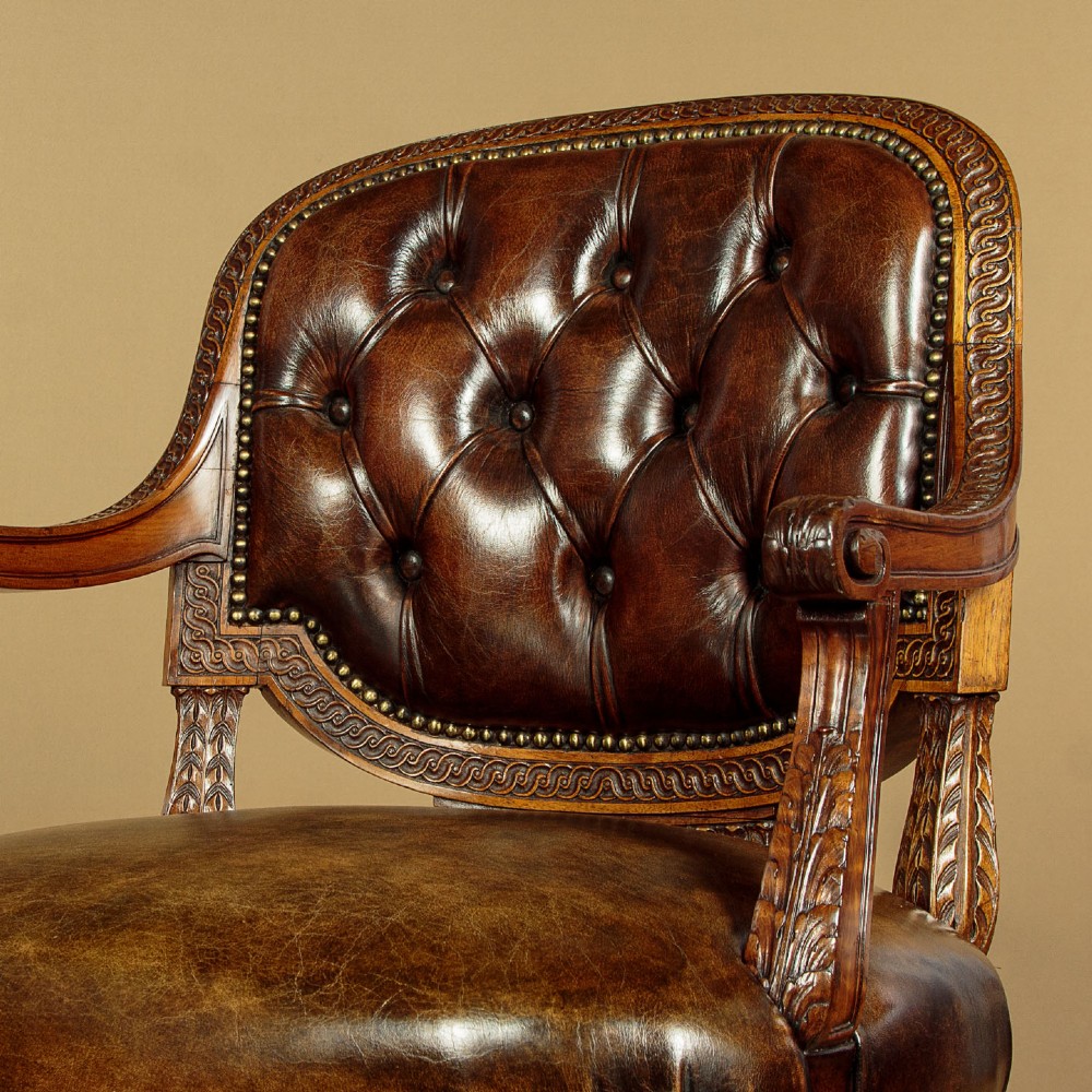 Pair of Walnut & Leather Armchairs c.1910 View VII