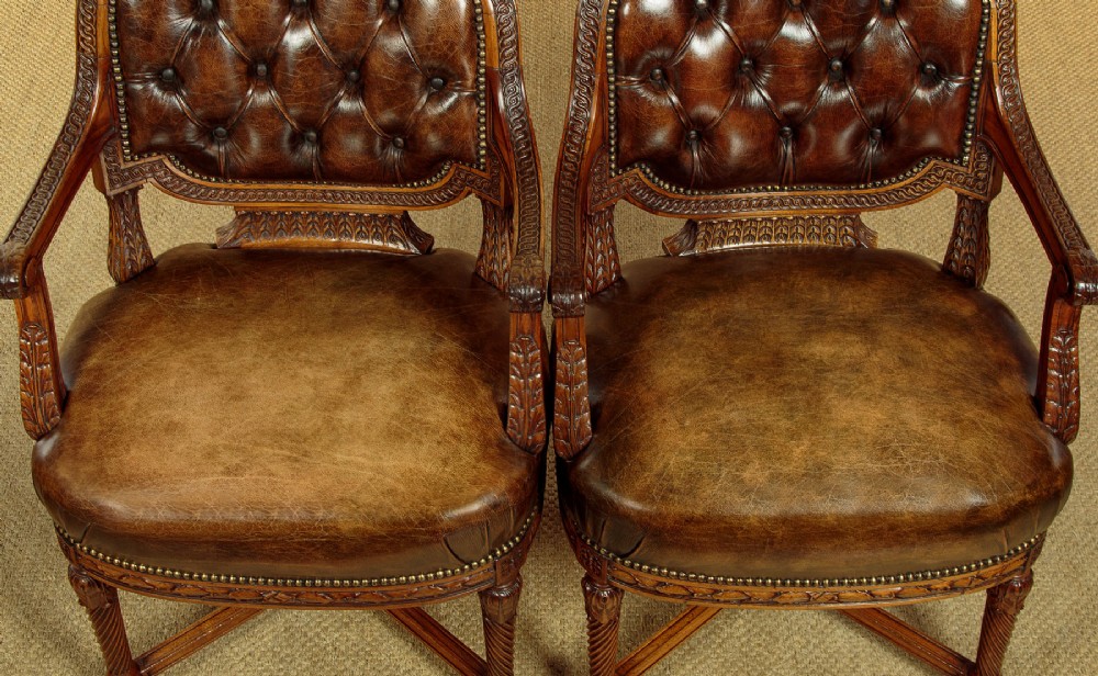 Pair of Walnut & Leather Armchairs c.1910 View VIII