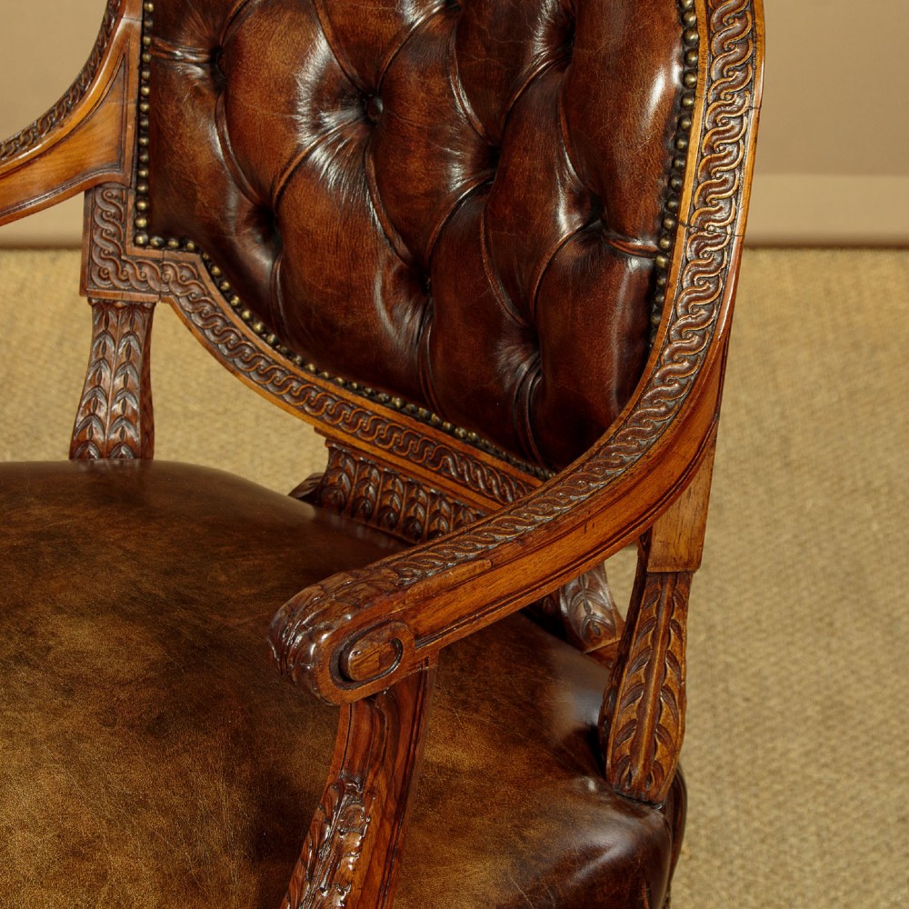 Pair of Walnut & Leather Armchairs c.1910 View IX