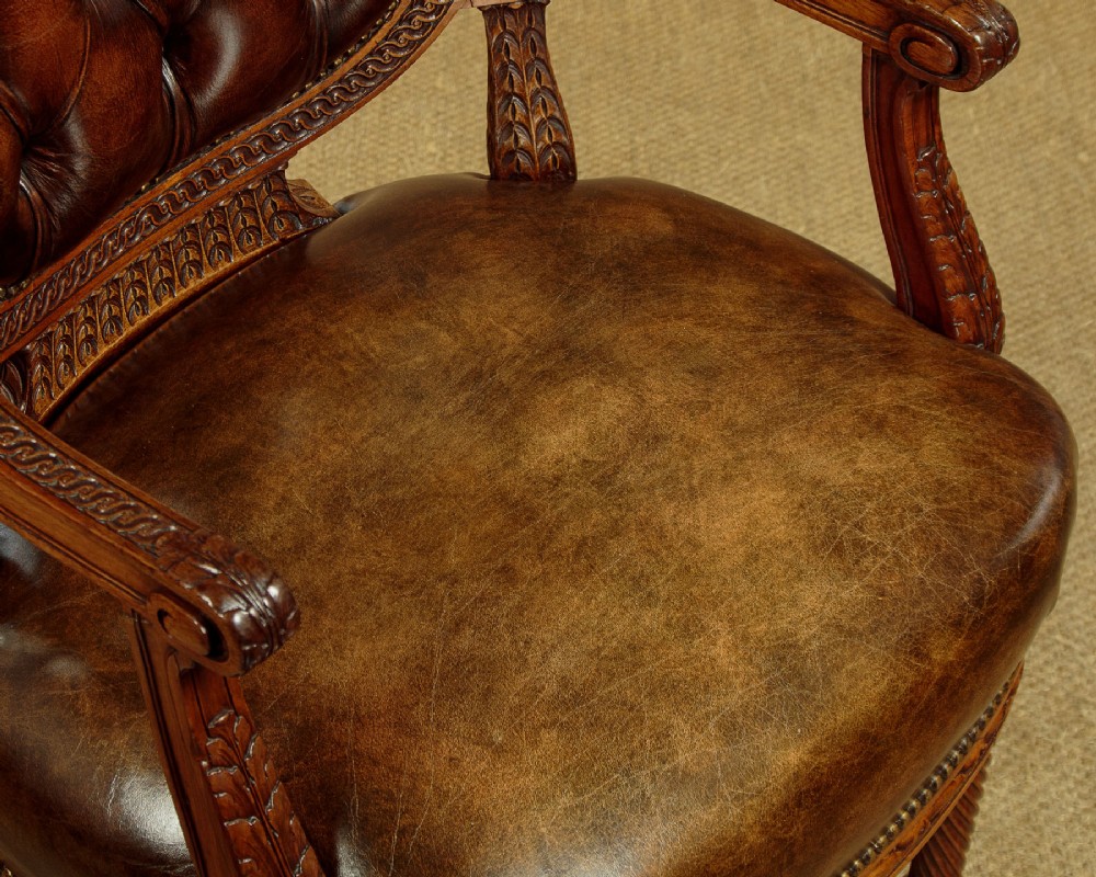 Pair of Walnut & Leather Armchairs c.1910 View X