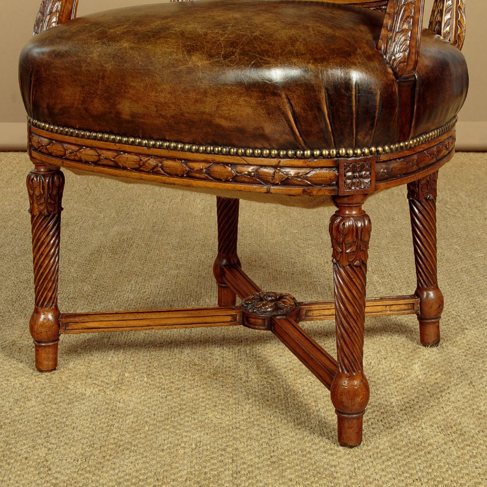 Pair of Walnut & Leather Armchairs c.1910 View XI