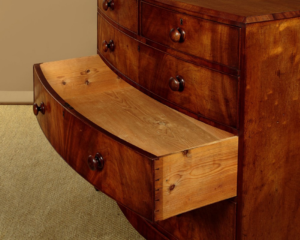 A Regency bowfront mahogany chest of drawers featuring two short and three long drawers with turned wooden knobs and a curved lower apron on splayed feet. View X