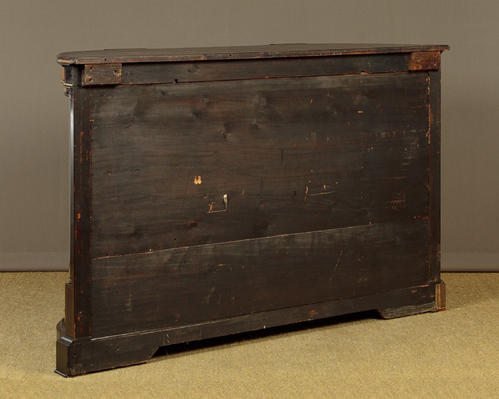 A late Victorian ebonised and burr walnut credenza featuring a central glazed door flanked by two curved side display glass doors with fluted column supports. View XIII