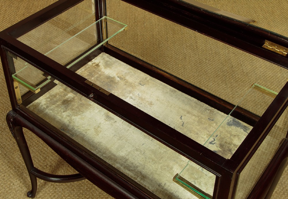 A dark mahogany glass-enclosed bijouterie display table featuring cabriole legs, curved stretchers, glazed side panels, and internal glass shelves. View VII