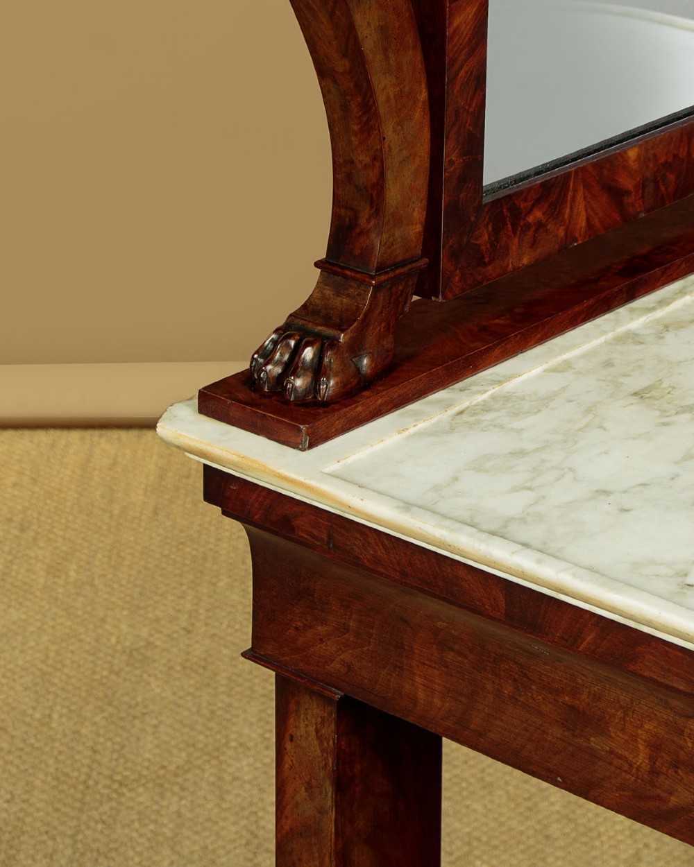 A mid-19th-century mahogany dressing table featuring a white marble surface, arched swing mirror on carved scroll supports, and lower plinth base. View VIII