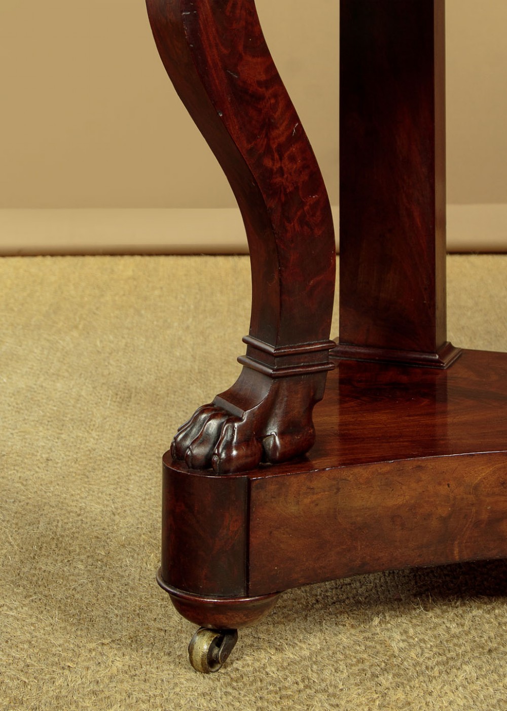 A mid-19th-century mahogany dressing table featuring a white marble surface, arched swing mirror on carved scroll supports, and lower plinth base. View XIII