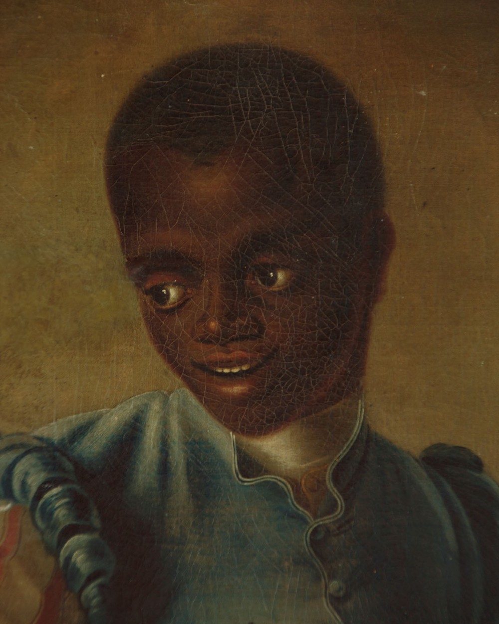A Georgian style oil painting depicting a young servant holding a fruit basket containing grapes and a melon, dressed in a blue waistcoat. View IV