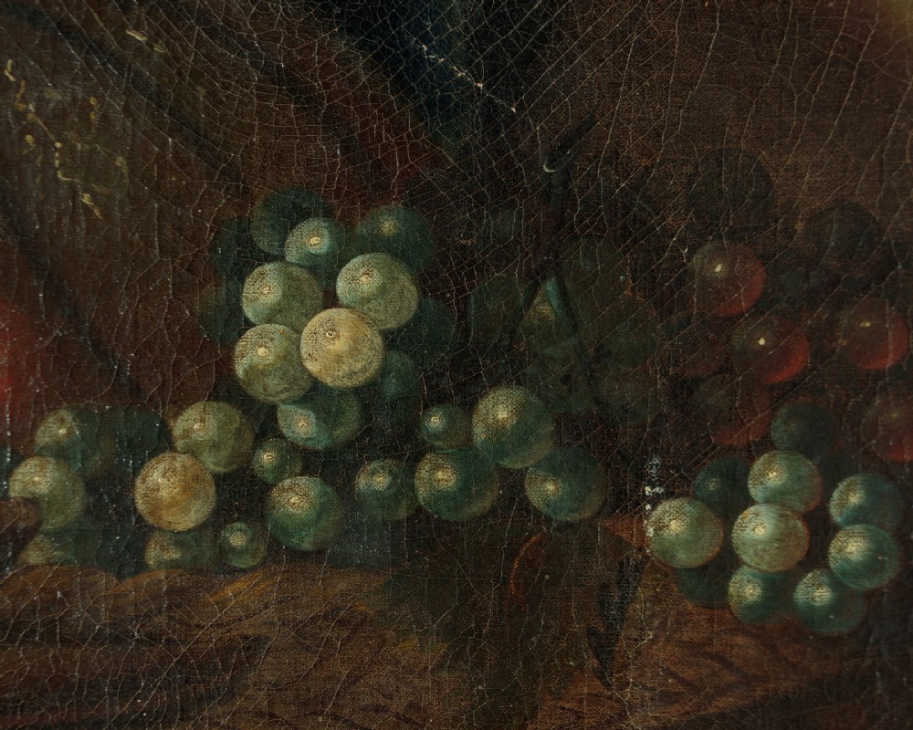 A Georgian style oil painting depicting a young servant holding a fruit basket containing grapes and a melon, dressed in a blue waistcoat. View VII