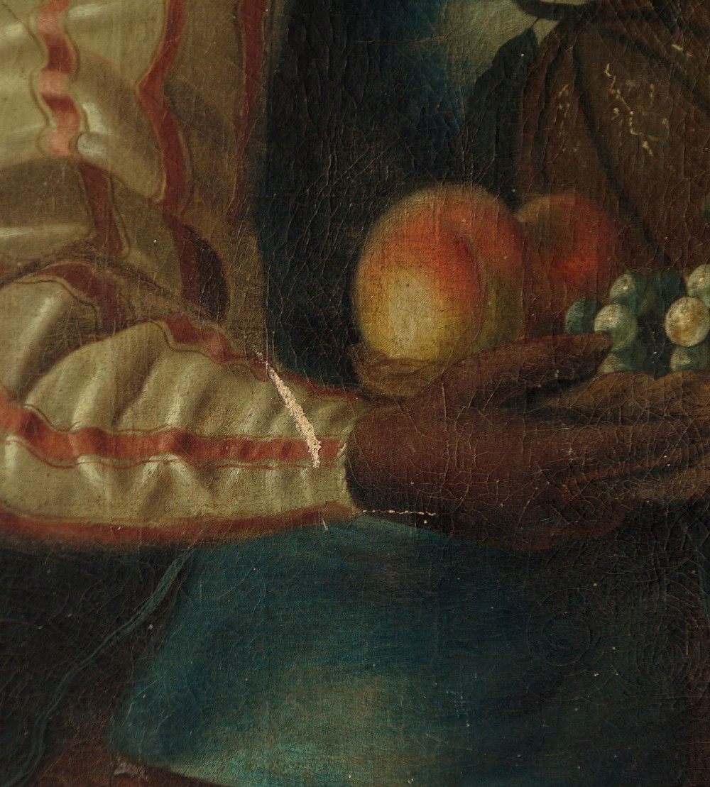A Georgian style oil painting depicting a young servant holding a fruit basket containing grapes and a melon, dressed in a blue waistcoat. View VIII