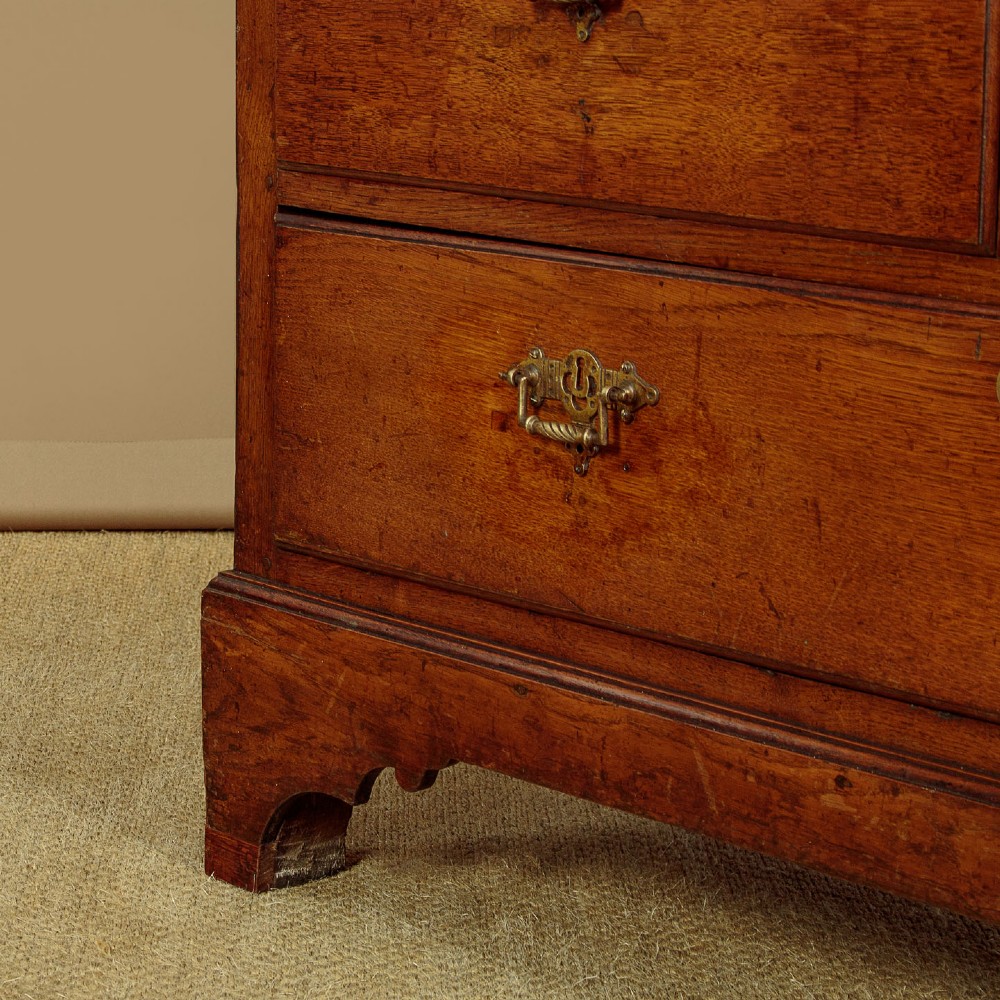 An antique two-part Welsh oak cupboard featuring a double door top section with fielded panels above a chest with six drawers on bracket feet. View XI