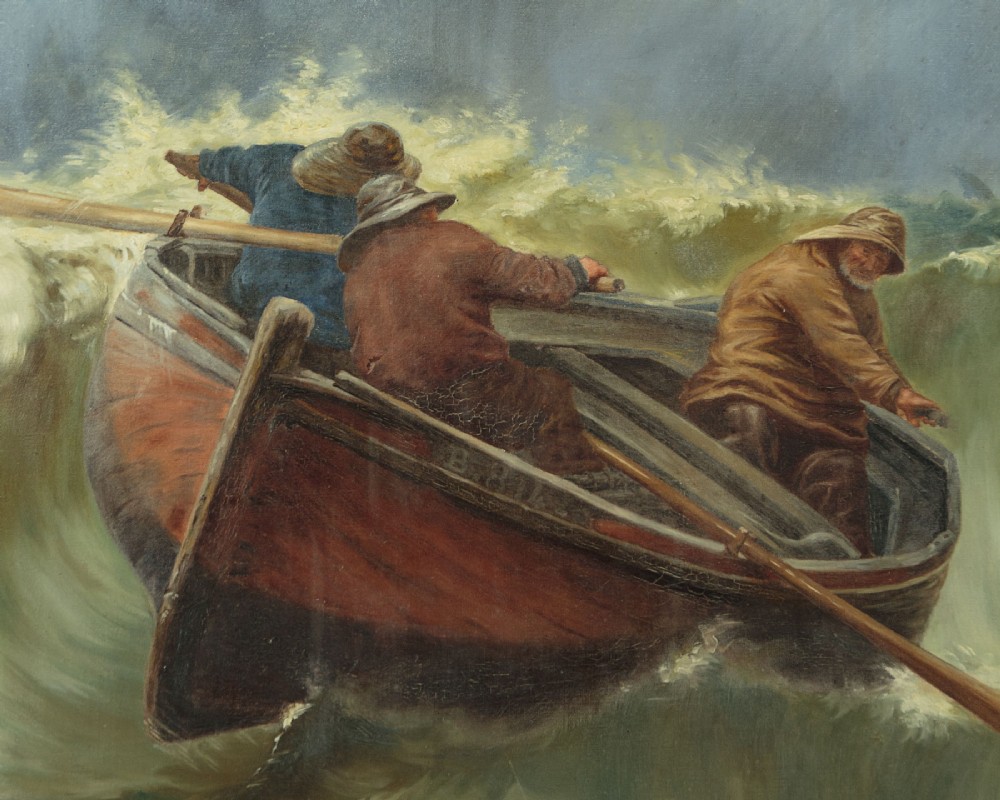 Oil Painting of a Boat in a Storm Dated 1913 View III