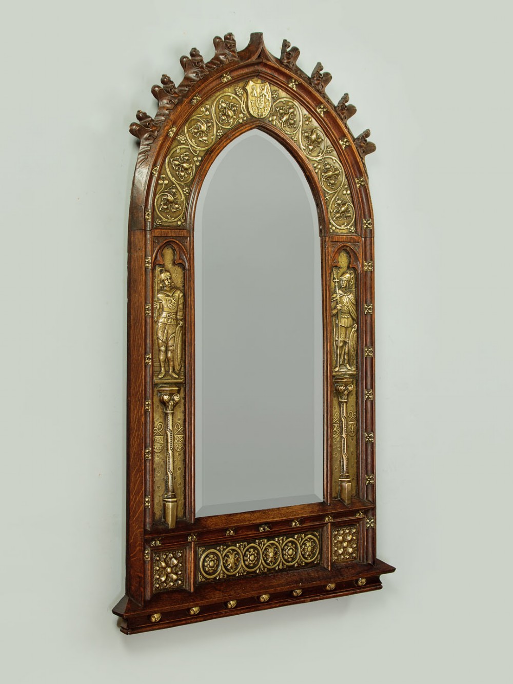 Oak & Brass Gothic Revival Wall Mirror c.1890 View II