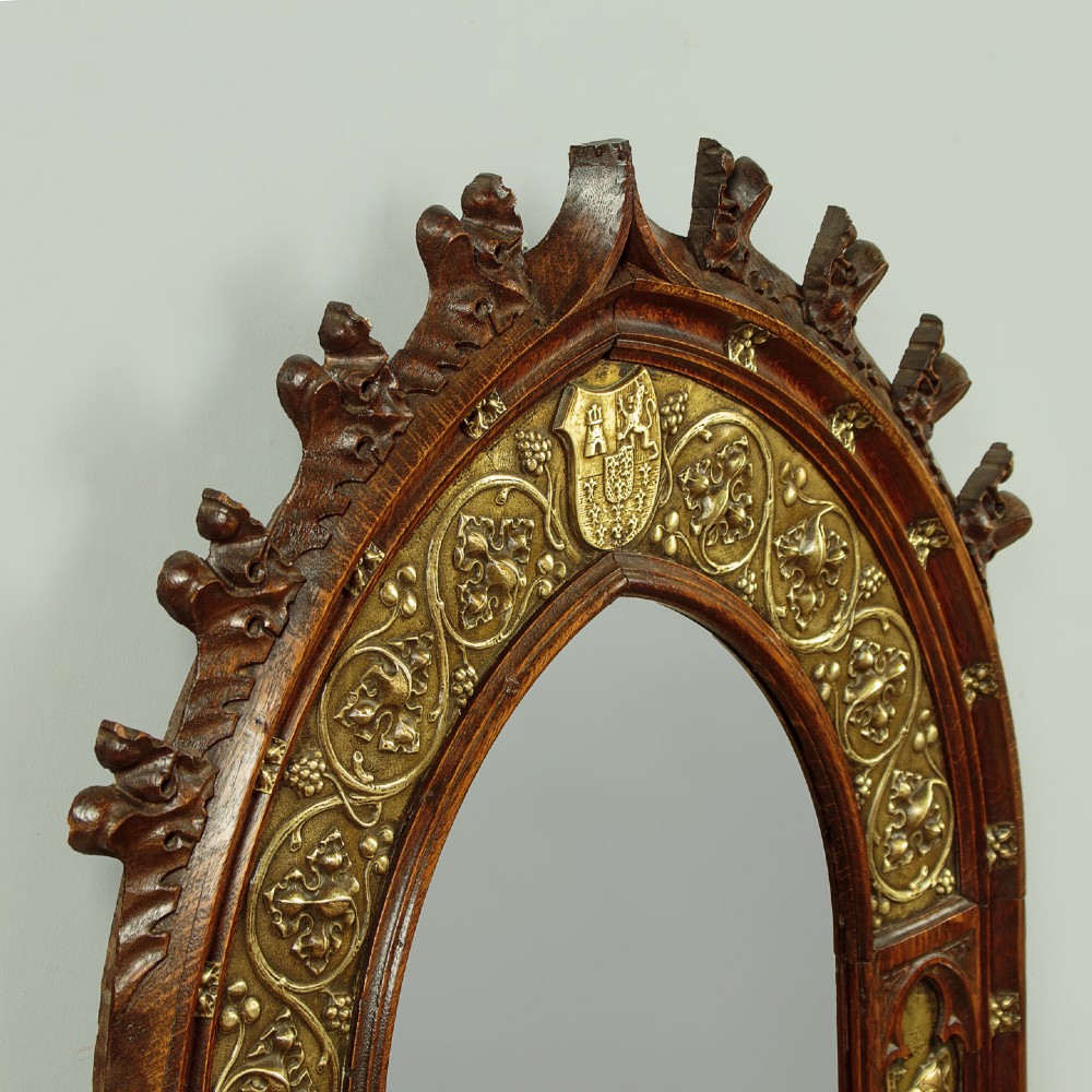 Oak & Brass Gothic Revival Wall Mirror c.1890 View III