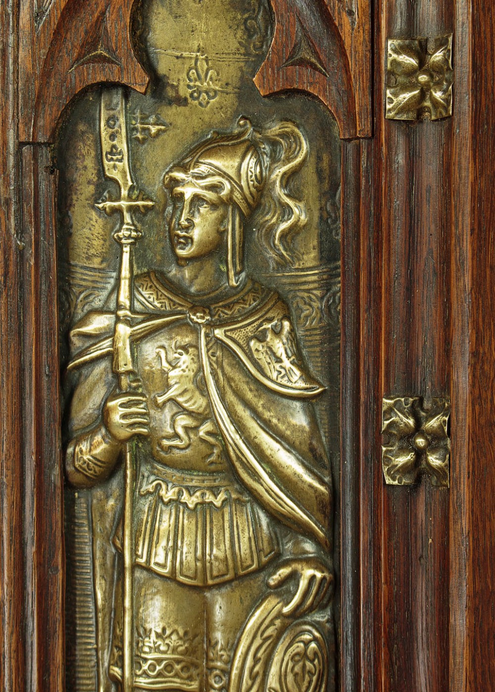 Oak & Brass Gothic Revival Wall Mirror c.1890 View IX