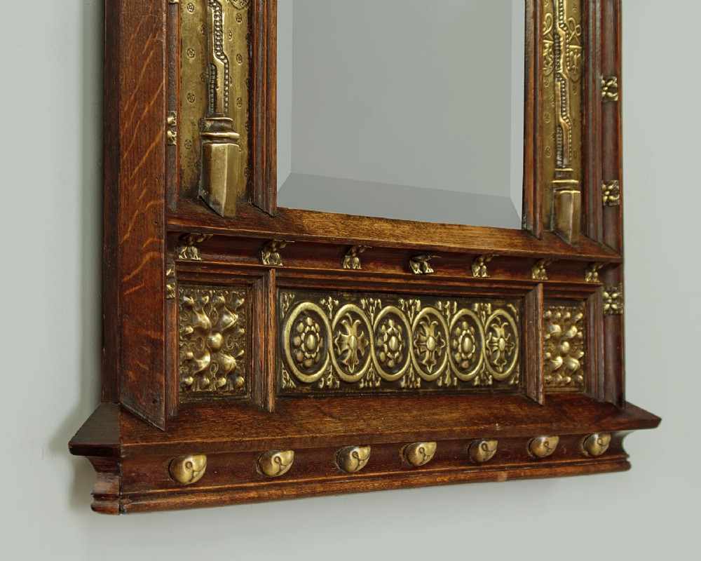 Oak & Brass Gothic Revival Wall Mirror c.1890 View X