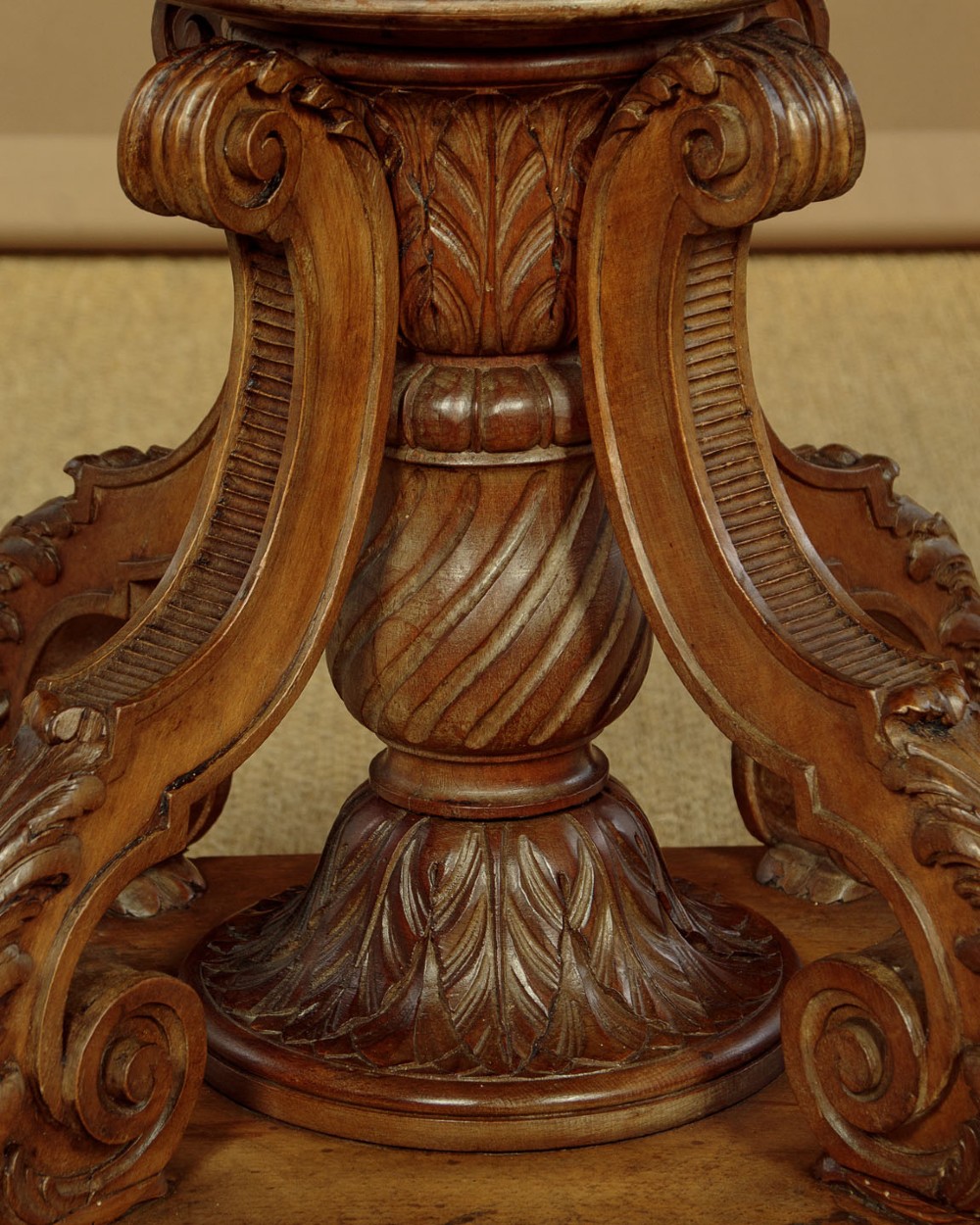 A pair of carved walnut standard lamps featuring fluted tapered shafts, acanthus scroll bases, and candle-style bulb sockets. View X