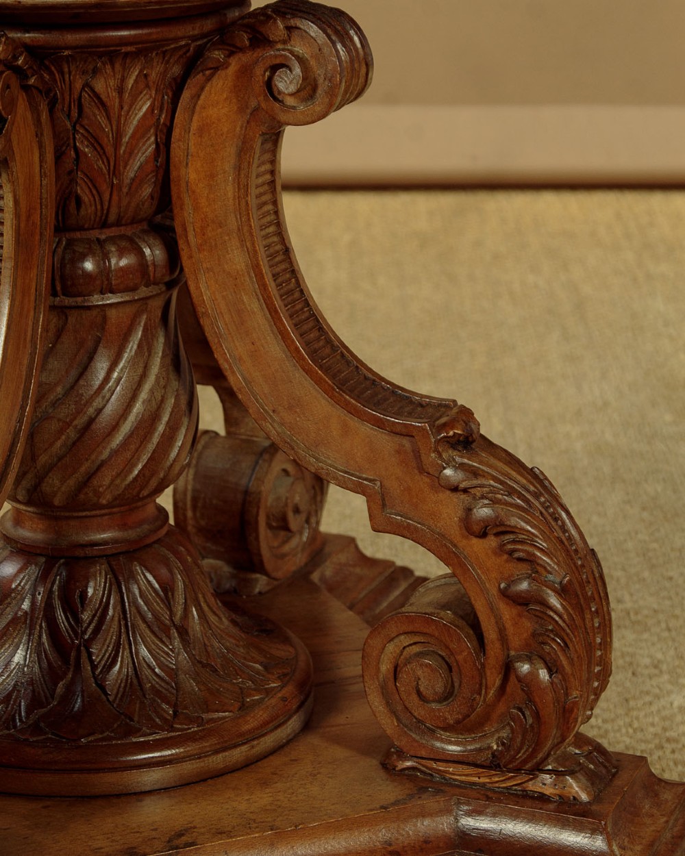 A pair of carved walnut standard lamps featuring fluted tapered shafts, acanthus scroll bases, and candle-style bulb sockets. View XI