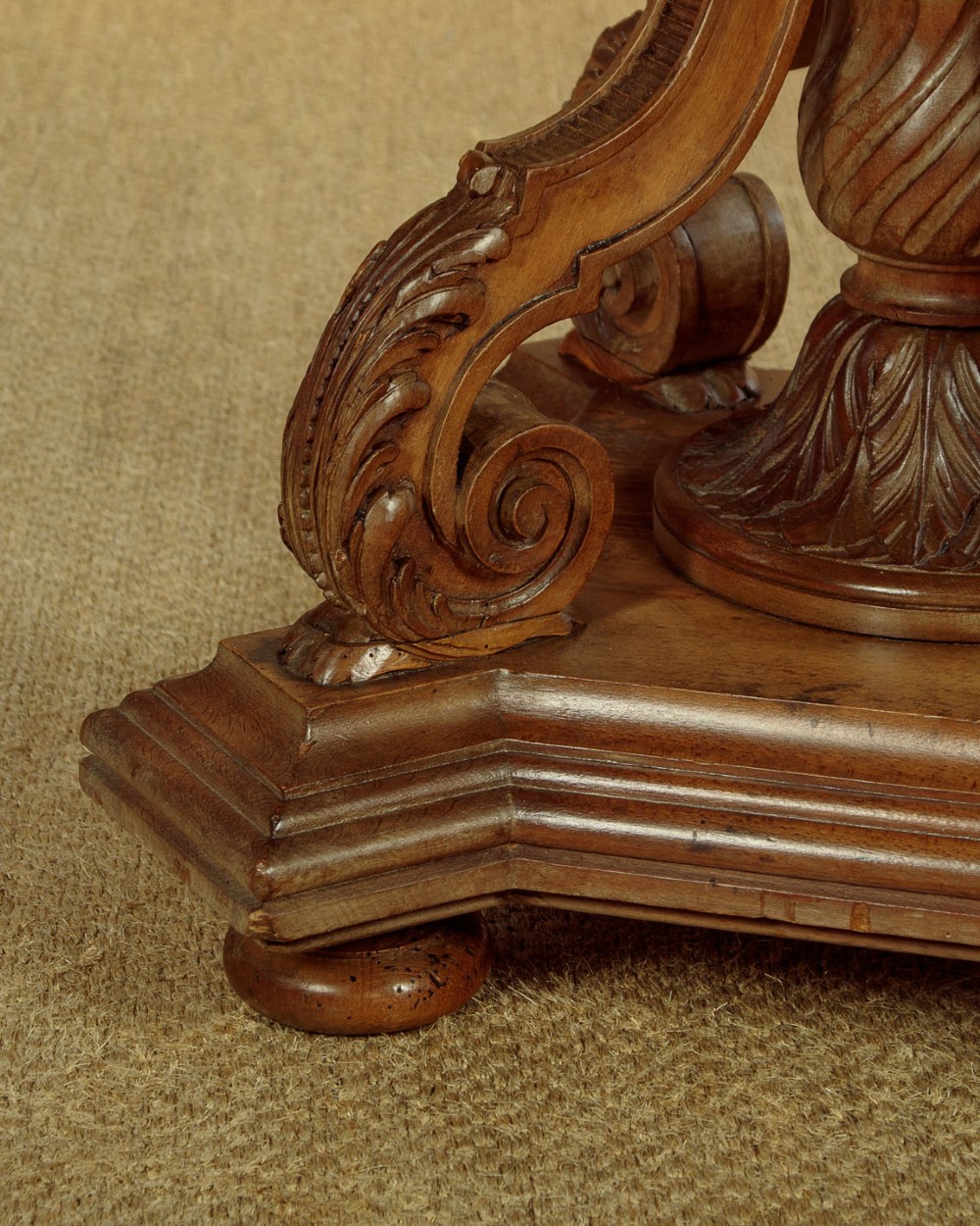 A pair of carved walnut standard lamps featuring fluted tapered shafts, acanthus scroll bases, and candle-style bulb sockets. View XII