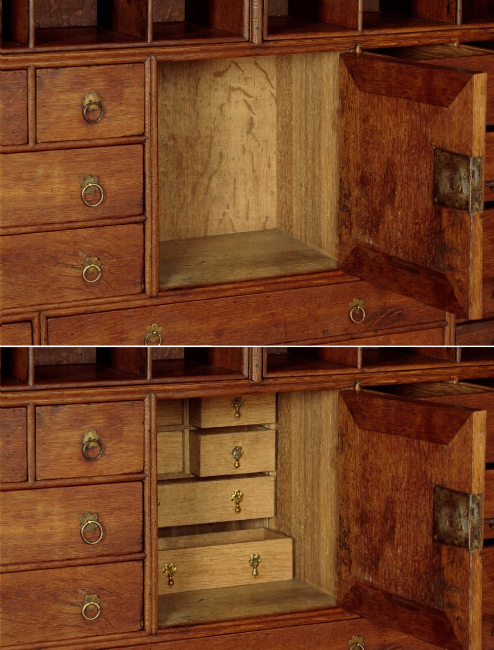 An early 18th-century oak cabinet on chest featuring twin panelled doors opening to internal drawers and pigeonholes above a chest of drawers with brass handles. View IX