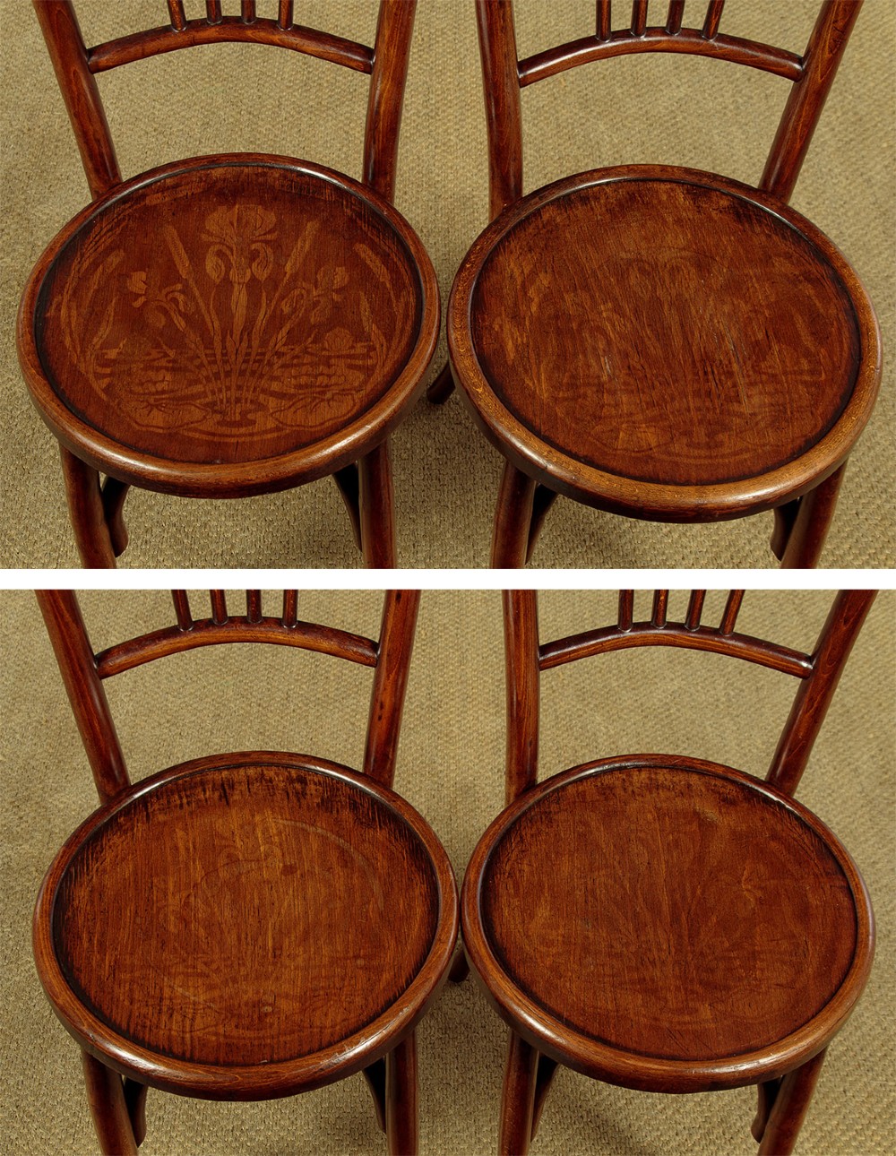 A set of four dark brown bentwood bistro dining chairs with vertical spindle backs, circular wooden seats, and curved legs. View VIII