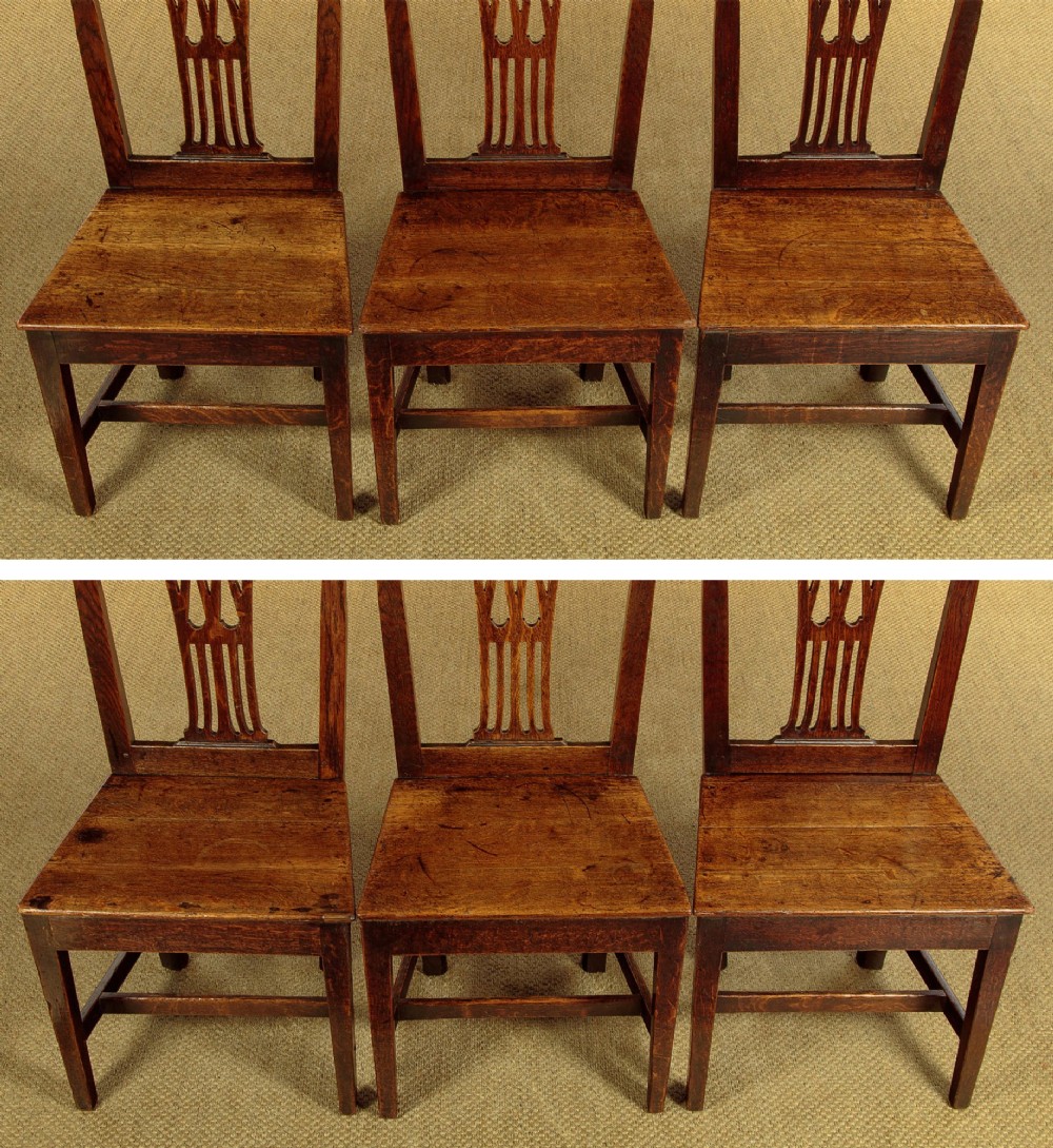 A set of six dark oak Country Chippendale dining chairs featuring pierced splat backs, solid seats, and square legs connected by stretchers. View IX