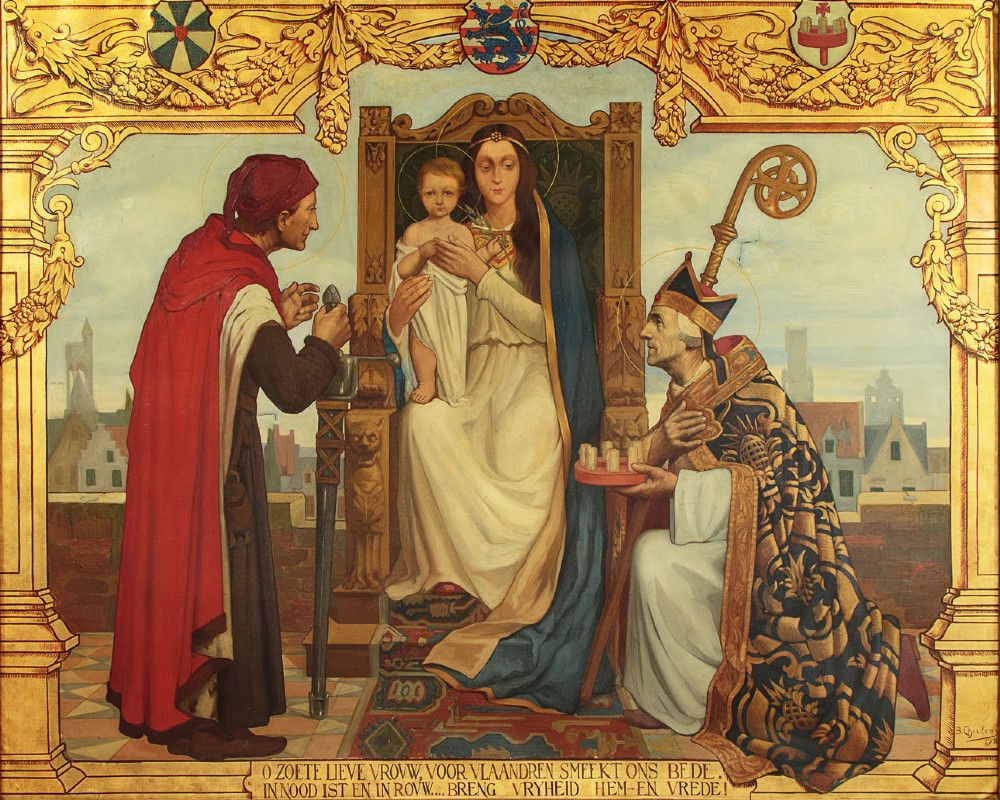 A large First World War era religious painting depicting the Virgin Mary and Christ child enthroned, flanked by two kneeling figures within a gilded architectural surround.