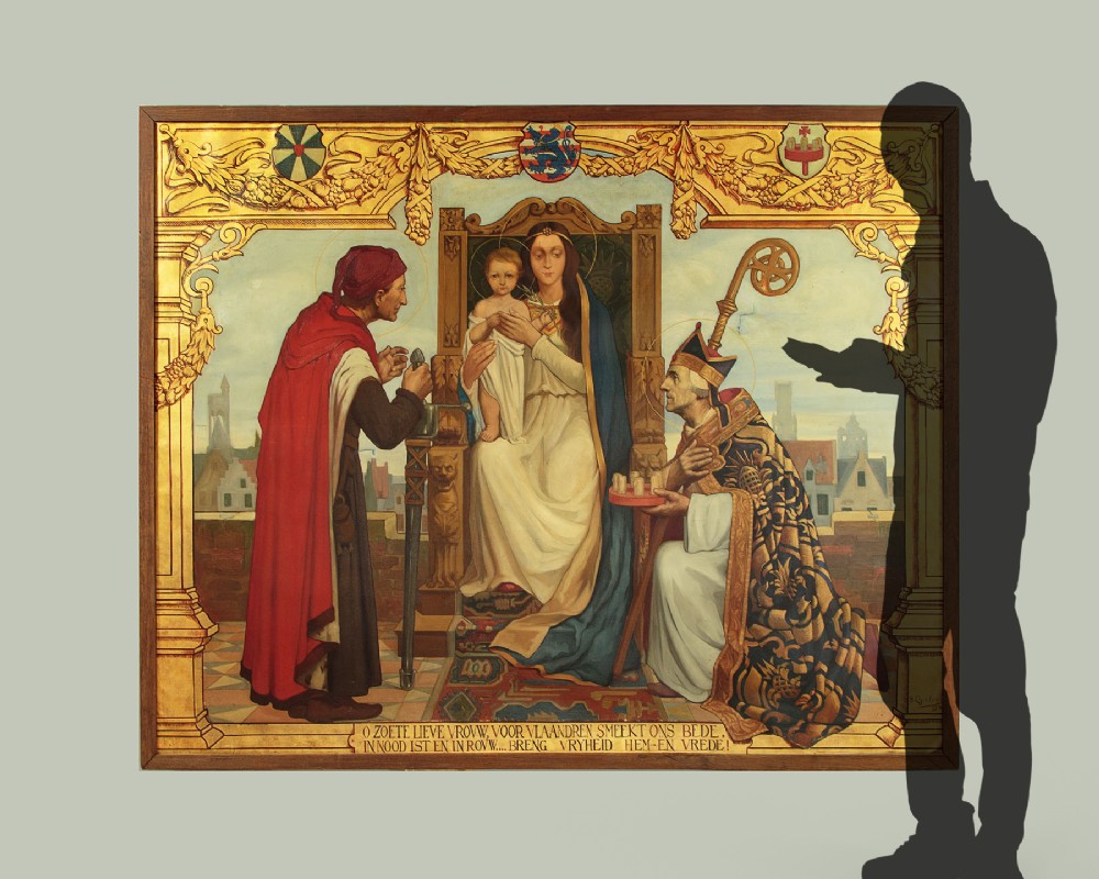 A large First World War era religious painting depicting the Virgin Mary and Christ child enthroned, flanked by two kneeling figures within a gilded architectural surround. View II