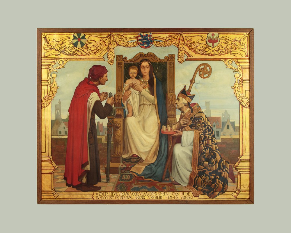 A large First World War era religious painting depicting the Virgin Mary and Christ child enthroned, flanked by two kneeling figures within a gilded architectural surround. View III