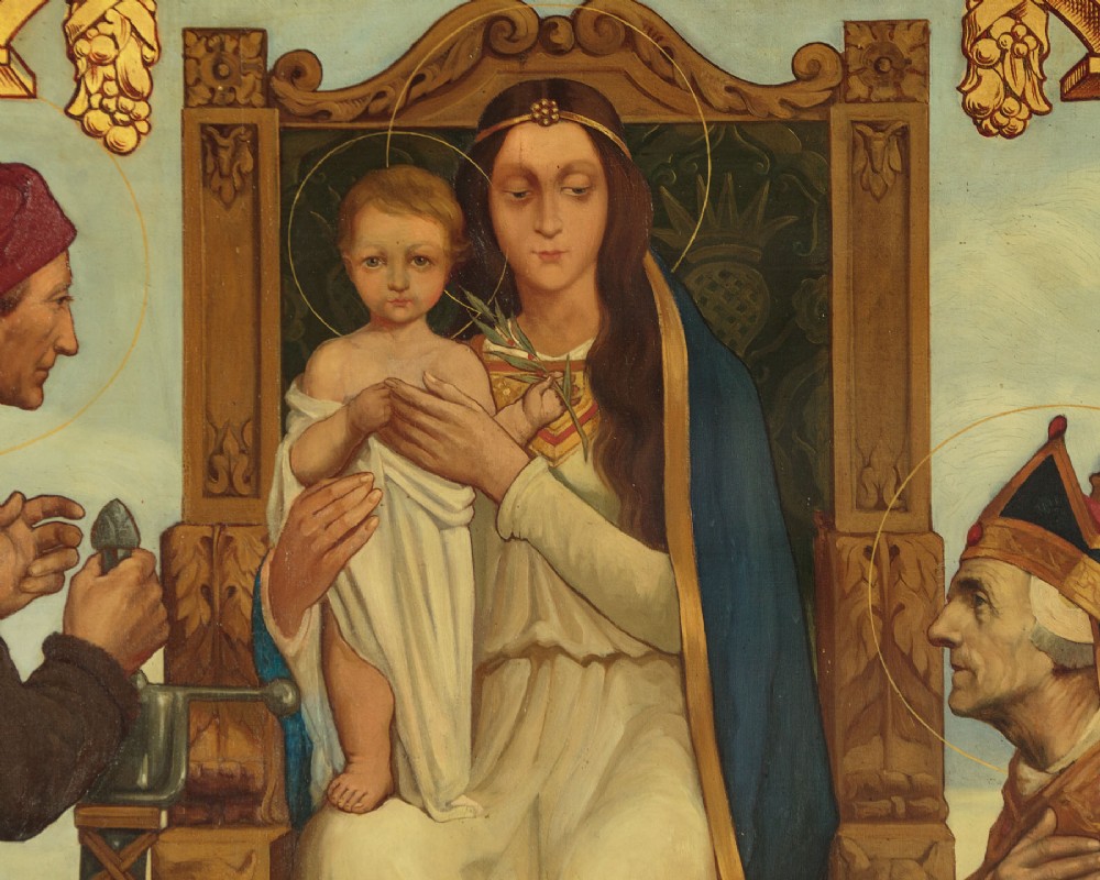 A large First World War era religious painting depicting the Virgin Mary and Christ child enthroned, flanked by two kneeling figures within a gilded architectural surround. View V