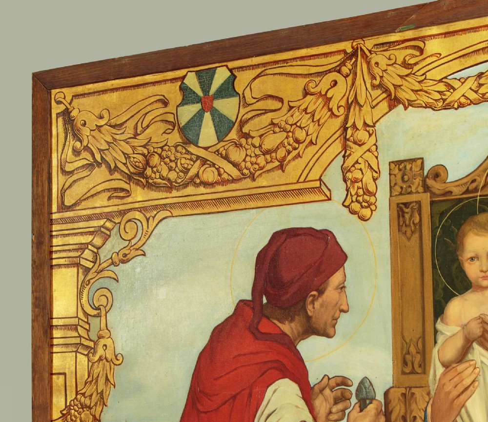 A large First World War era religious painting depicting the Virgin Mary and Christ child enthroned, flanked by two kneeling figures within a gilded architectural surround. View VII