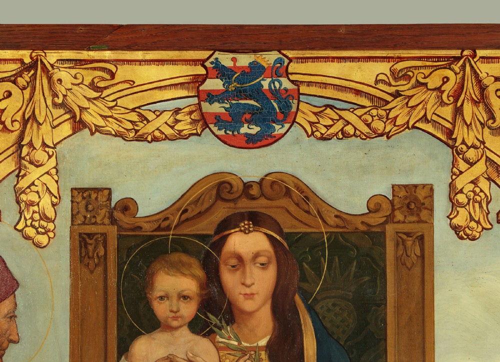 A large First World War era religious painting depicting the Virgin Mary and Christ child enthroned, flanked by two kneeling figures within a gilded architectural surround. View VIII