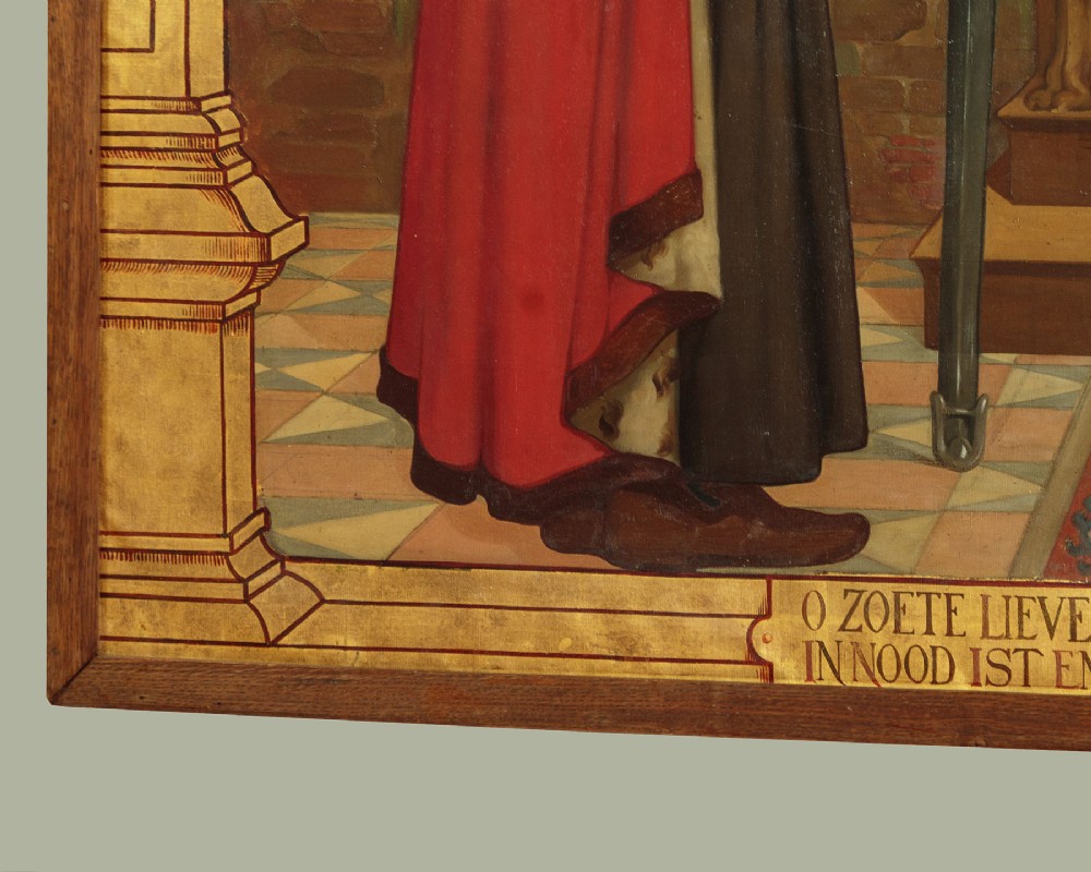 A large First World War era religious painting depicting the Virgin Mary and Christ child enthroned, flanked by two kneeling figures within a gilded architectural surround. View X