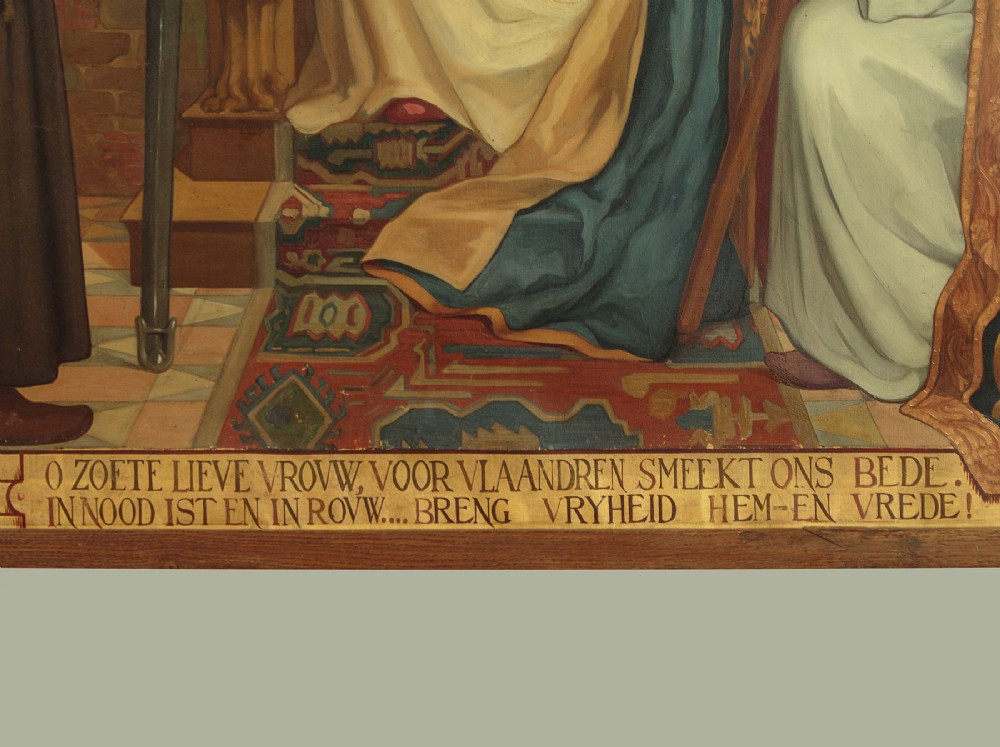 A large First World War era religious painting depicting the Virgin Mary and Christ child enthroned, flanked by two kneeling figures within a gilded architectural surround. View XI