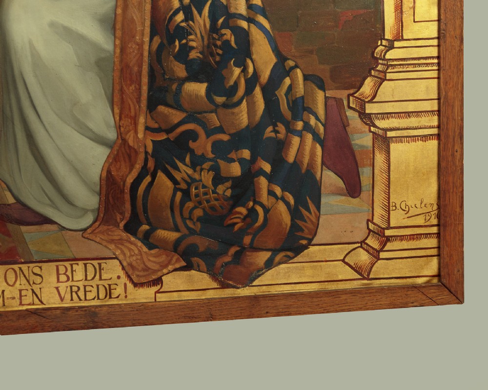 A large First World War era religious painting depicting the Virgin Mary and Christ child enthroned, flanked by two kneeling figures within a gilded architectural surround. View XII