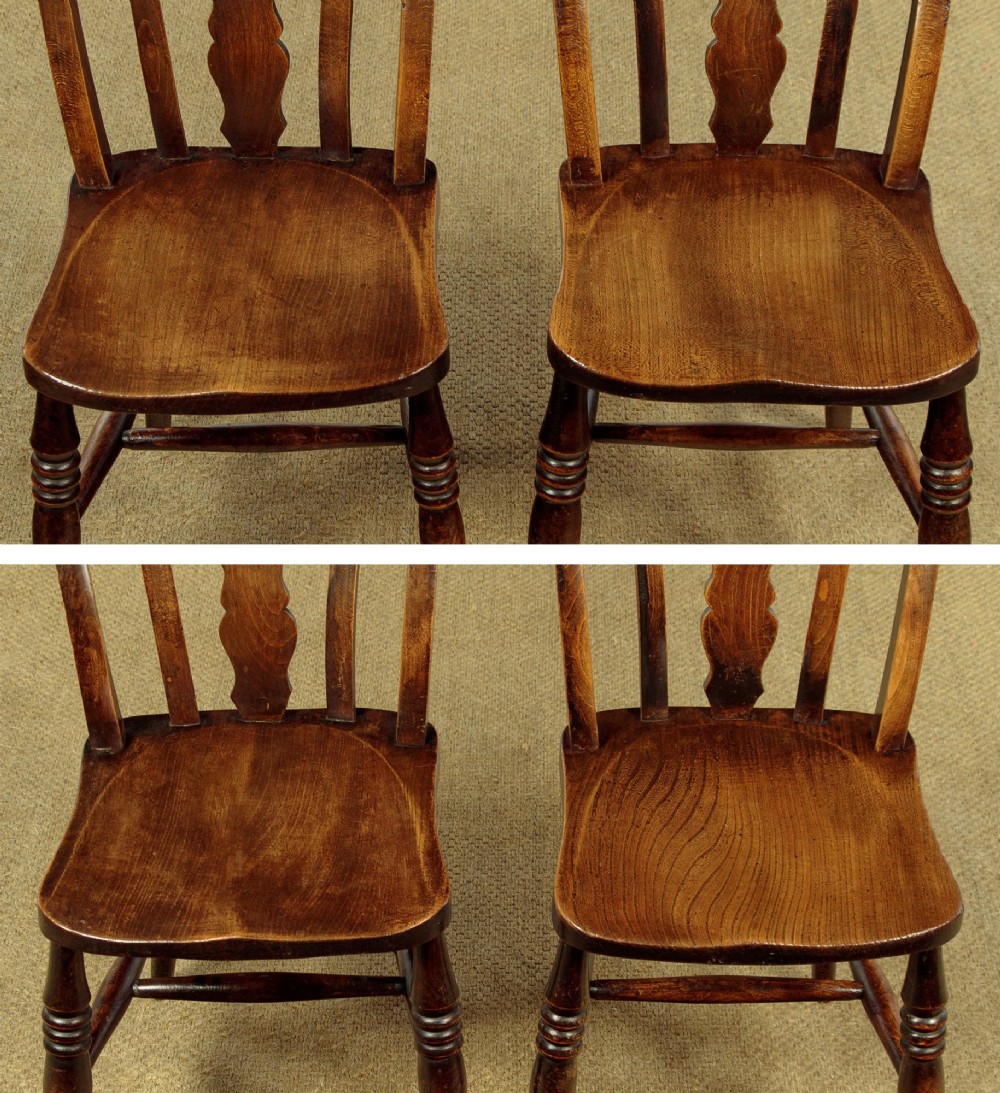 A set of four late 19th-century dark oak dining chairs featuring shaped back rails, pierced splats, contoured wooden seats, and turned legs with stretchers. View X
