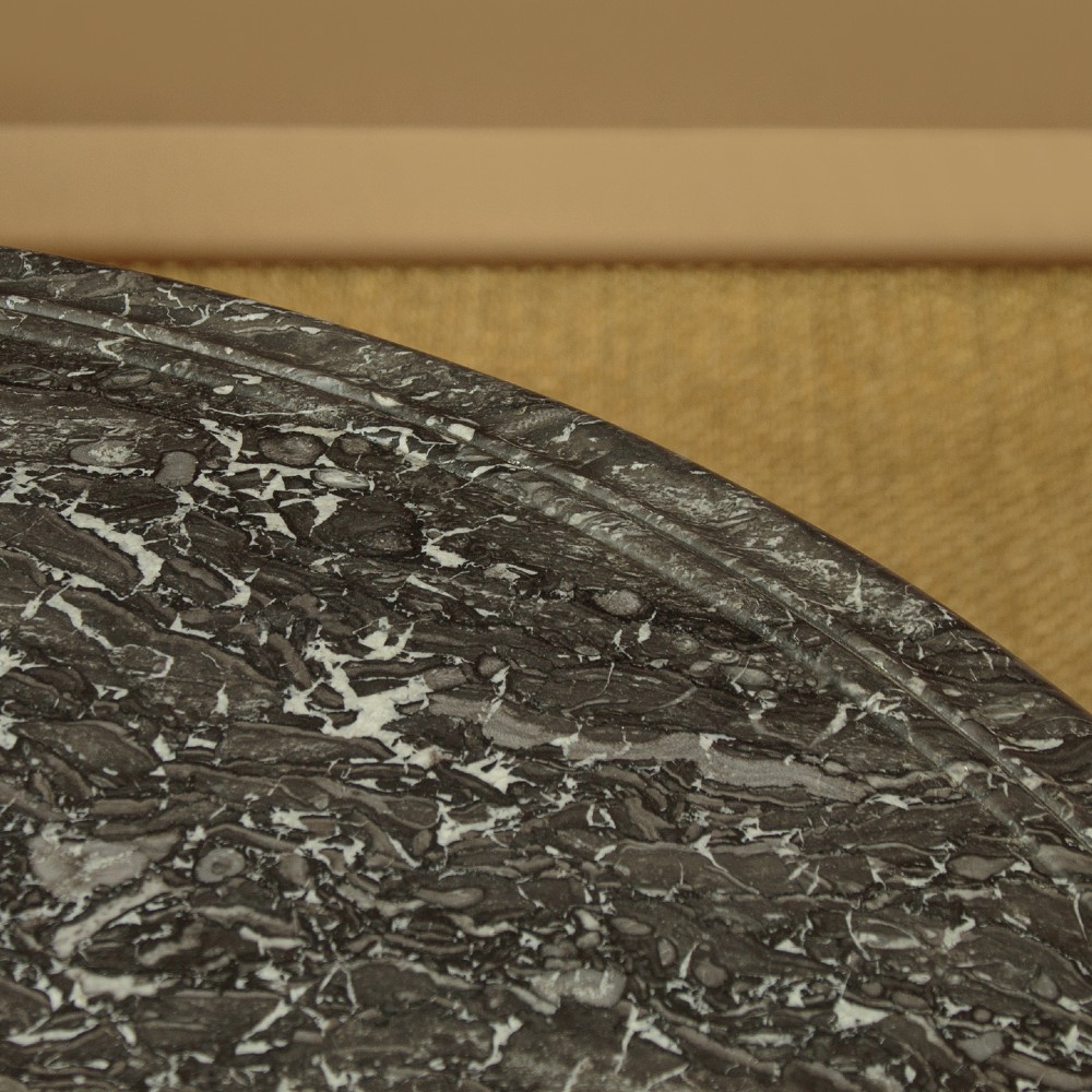 A 19th-century circular gueridon centre table featuring a dark grey marble top, warm walnut veneer with string inlay, a bulbous pedestal, and carved paw feet. View VI