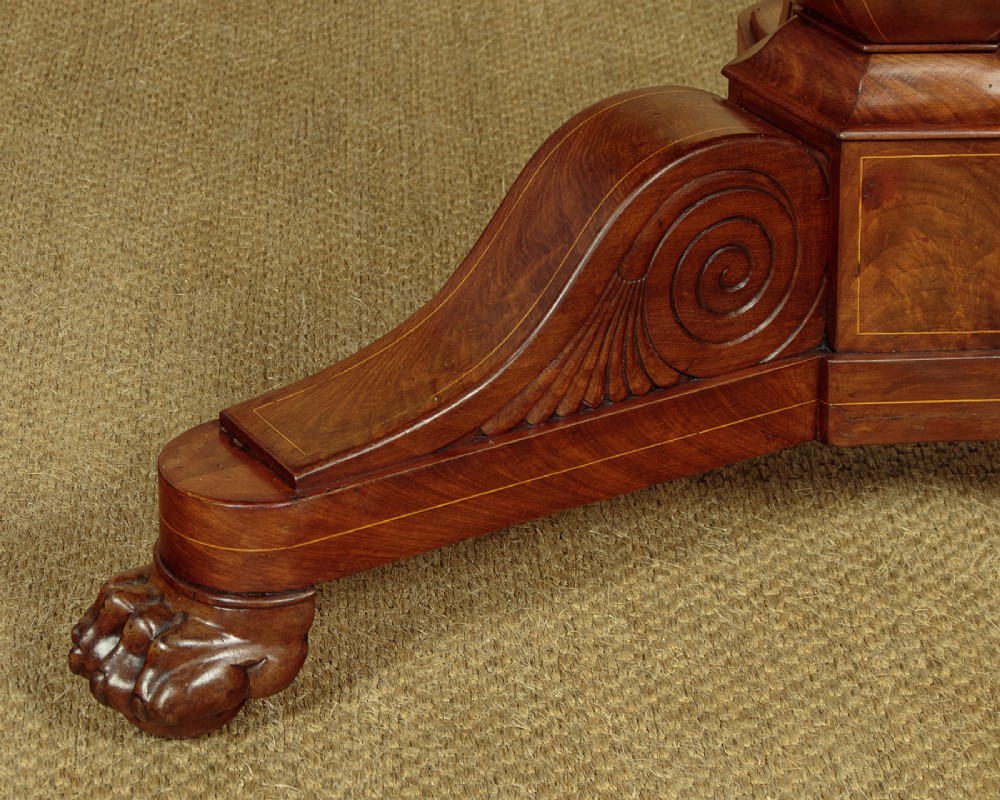 A 19th-century circular gueridon centre table featuring a dark grey marble top, warm walnut veneer with string inlay, a bulbous pedestal, and carved paw feet. View VIII