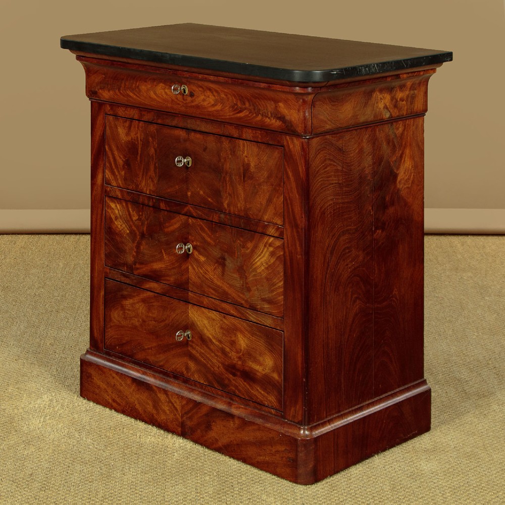 A nineteenth-century flame mahogany commode chest with four drawers, brass escutcheons, a dark slate top surface, and a plinth base. View III