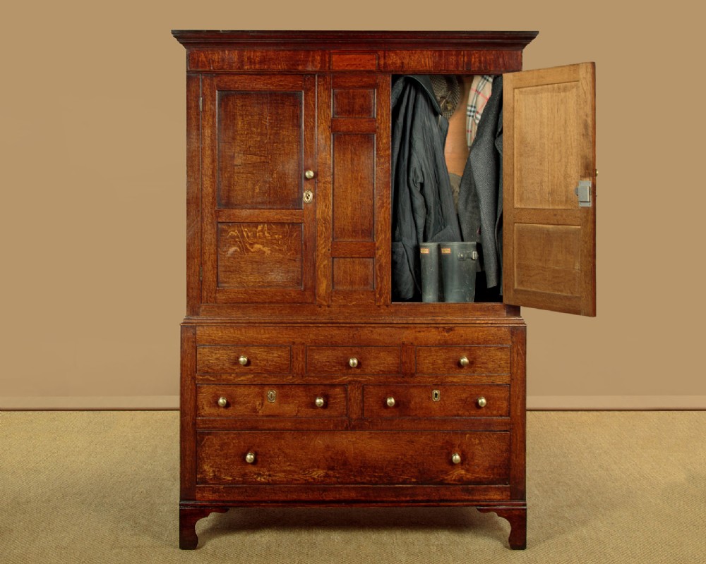 A nineteenth-century Welsh oak tack cupboard featuring a fielded twin-panel door upper section set over a chest of seven drawers with brass turned knobs. View II