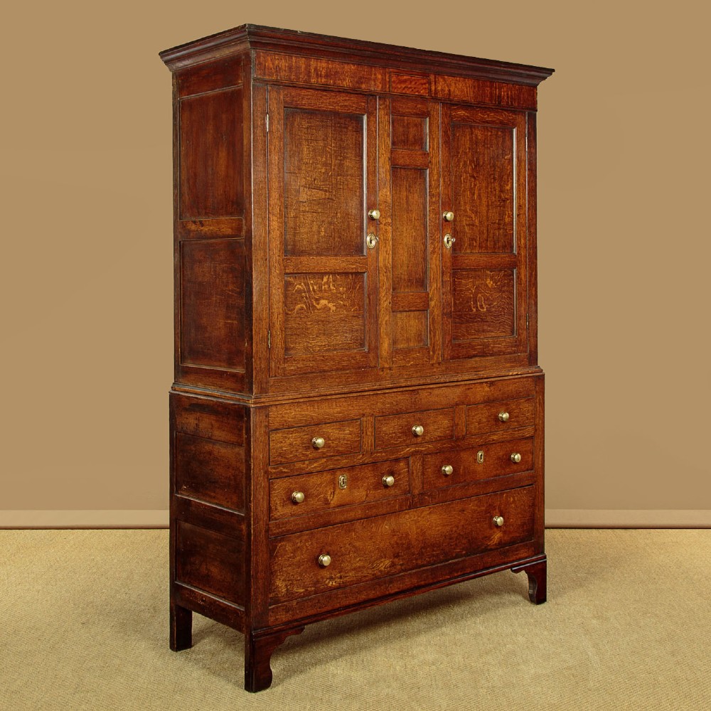 A nineteenth-century Welsh oak tack cupboard featuring a fielded twin-panel door upper section set over a chest of seven drawers with brass turned knobs. View III