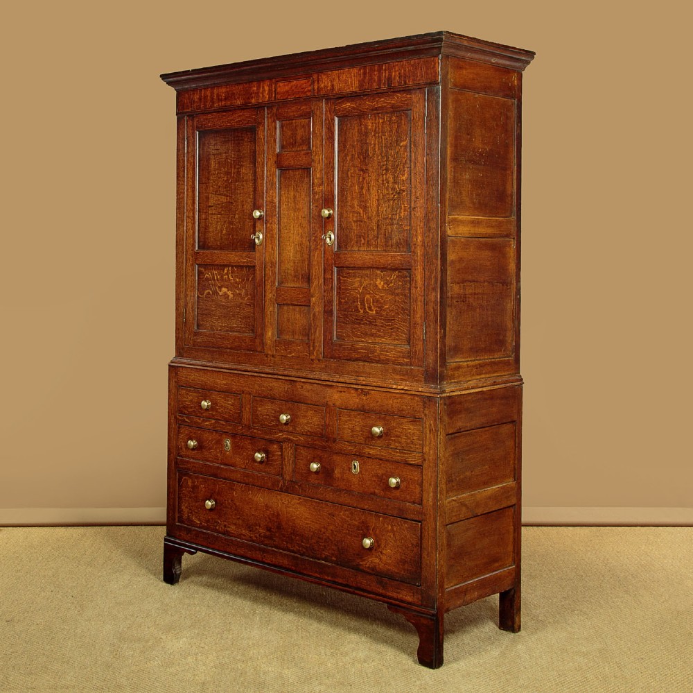 A nineteenth-century Welsh oak tack cupboard featuring a fielded twin-panel door upper section set over a chest of seven drawers with brass turned knobs. View IV