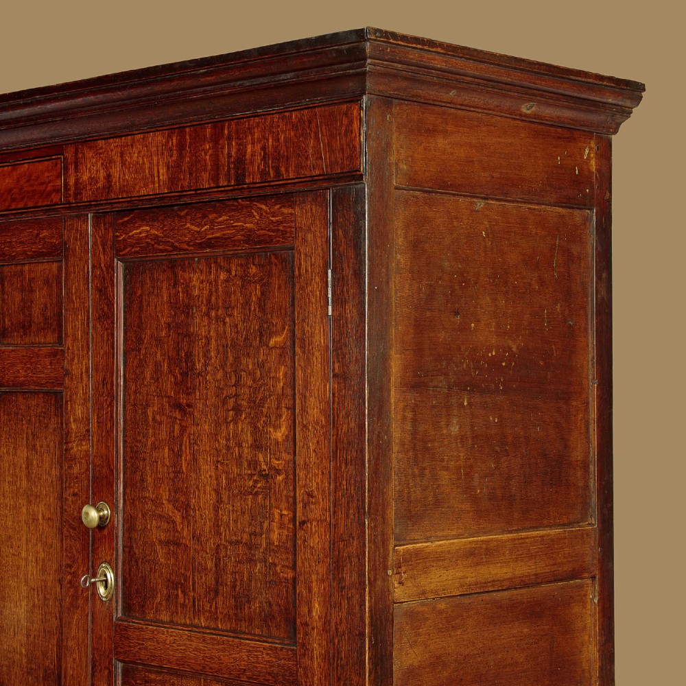 A nineteenth-century Welsh oak tack cupboard featuring a fielded twin-panel door upper section set over a chest of seven drawers with brass turned knobs. View VI