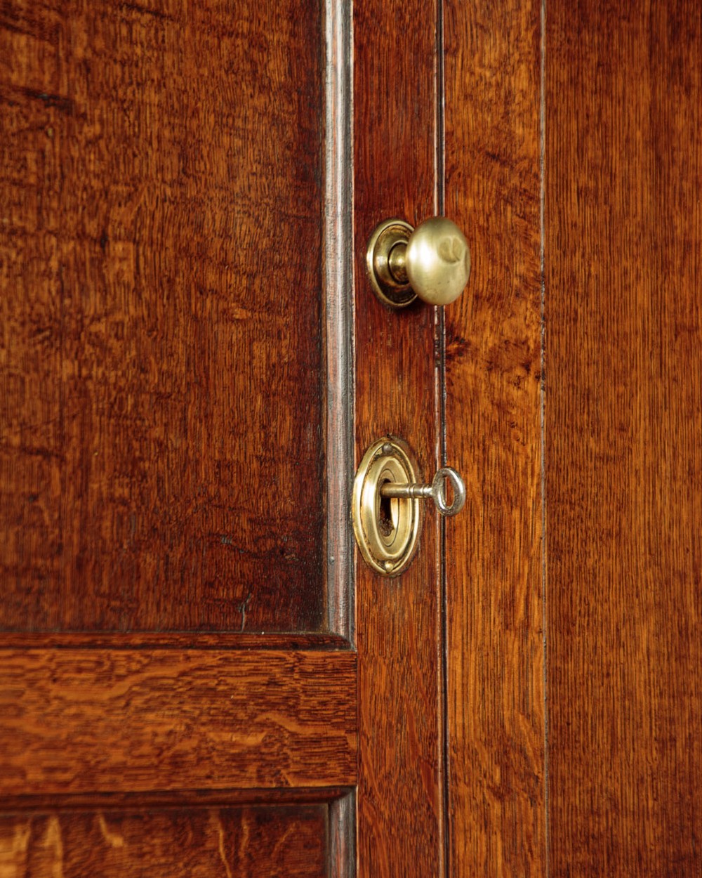A nineteenth-century Welsh oak tack cupboard featuring a fielded twin-panel door upper section set over a chest of seven drawers with brass turned knobs. View X