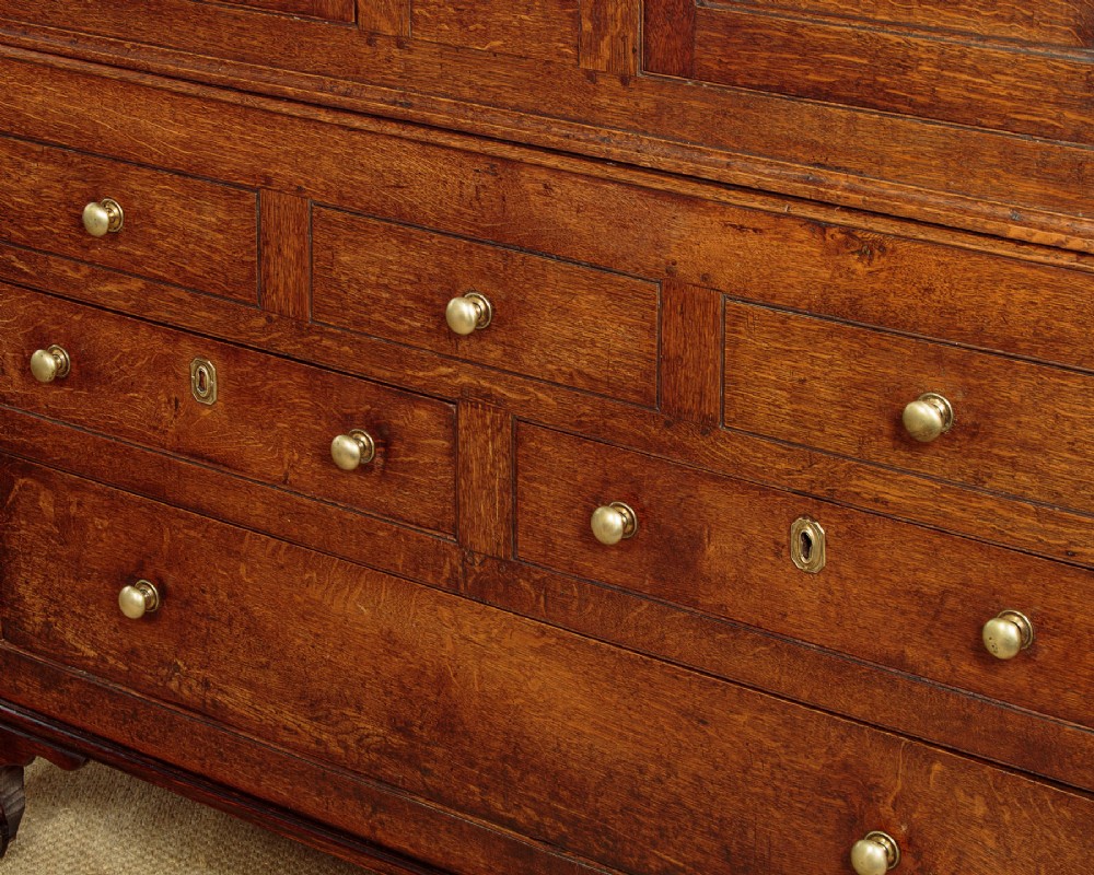 A nineteenth-century Welsh oak tack cupboard featuring a fielded twin-panel door upper section set over a chest of seven drawers with brass turned knobs. View XI