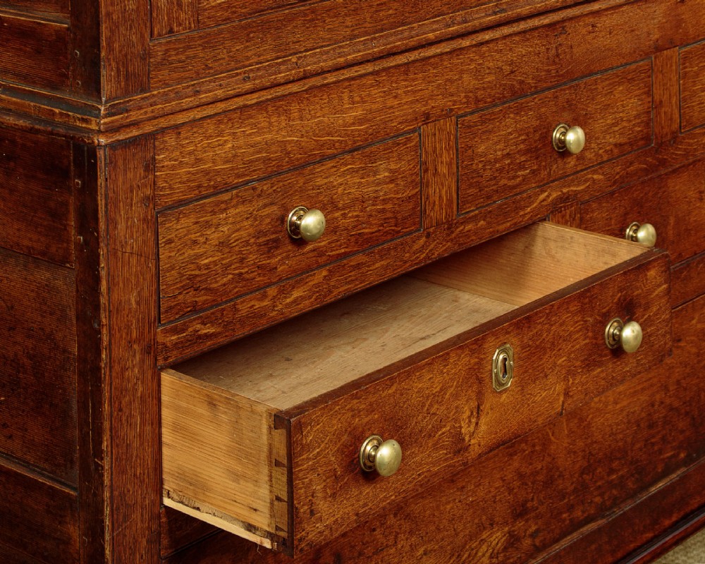 A nineteenth-century Welsh oak tack cupboard featuring a fielded twin-panel door upper section set over a chest of seven drawers with brass turned knobs. View XII