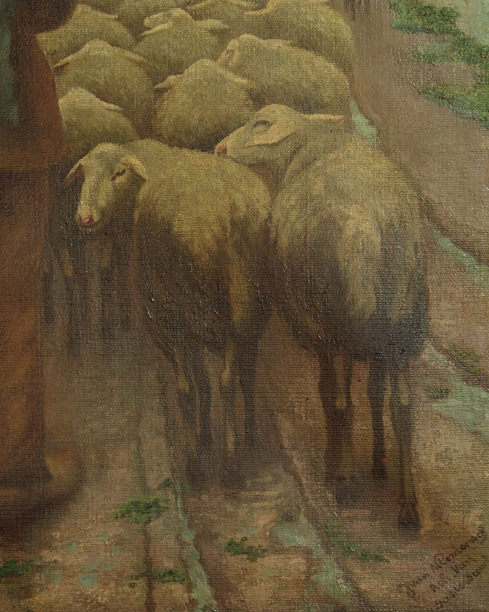 A mid-20th century oil painting depicting a shepherd with a staff leading a flock of sheep along a rural dirt path in muted green and brown tones. View V